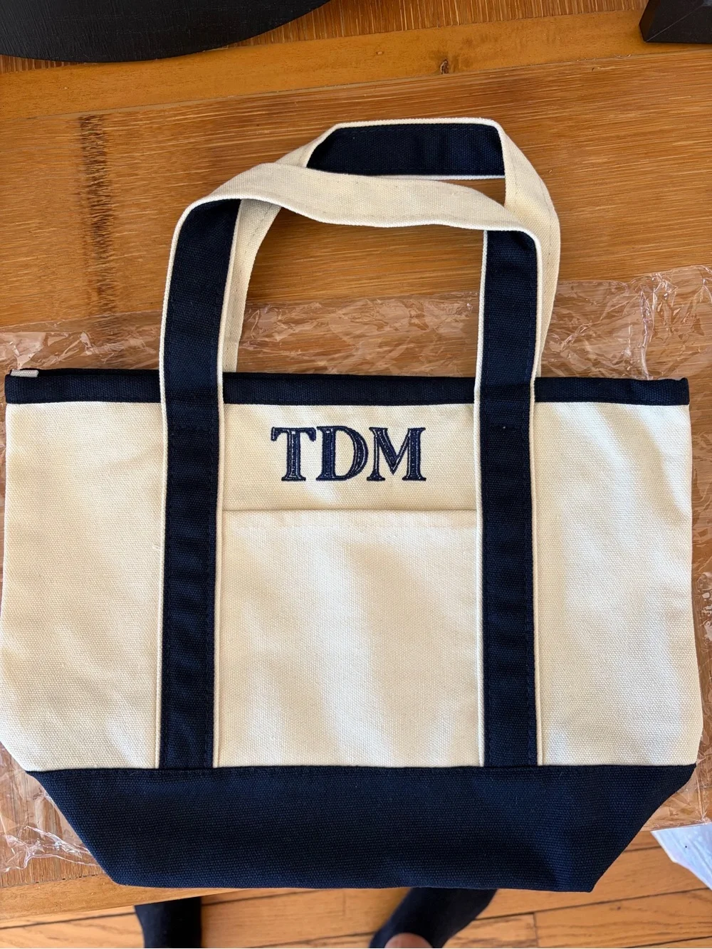 Monogrammed Canvas Tote Bag - Navy & Cream